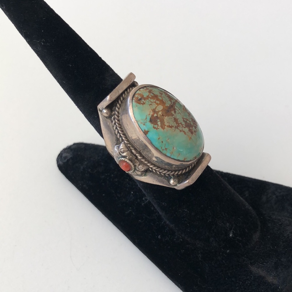 Vintage silver and turquoise oval and coral ring - Picture 2 of 16
